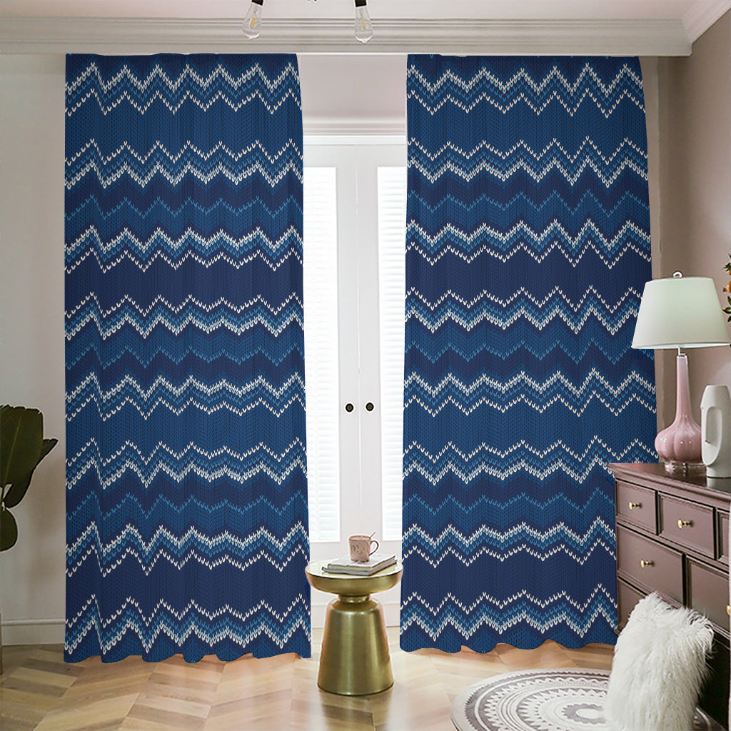 Blue Chevron Knitted Pattern Print Blackout Pencil Pleat Curtains