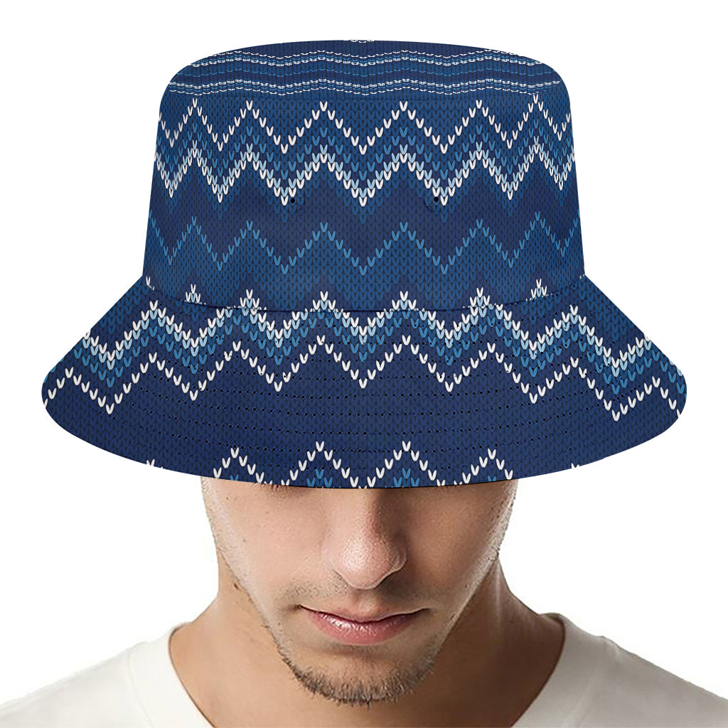 Blue Chevron Knitted Pattern Print Bucket Hat