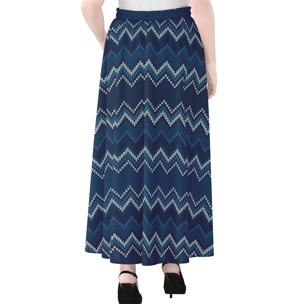 Blue Chevron Knitted Pattern Print Chiffon Maxi Skirt
