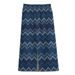 Blue Chevron Knitted Pattern Print Cotton Front Slit Maxi Skirt