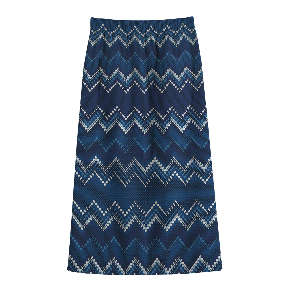 Blue Chevron Knitted Pattern Print Cotton Front Slit Maxi Skirt