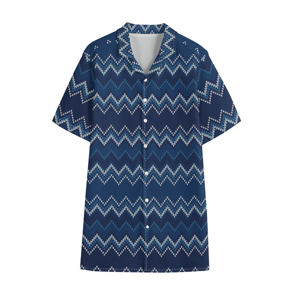 Blue Chevron Knitted Pattern Print Cotton Hawaiian Shirt