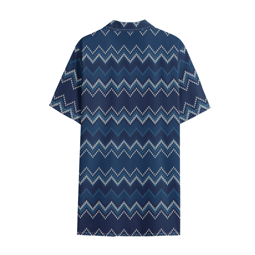 Blue Chevron Knitted Pattern Print Cotton Hawaiian Shirt