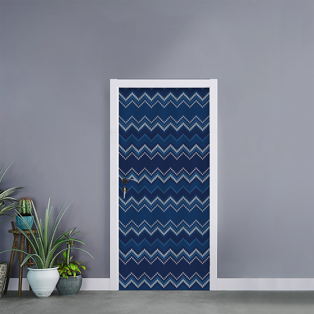 Blue Chevron Knitted Pattern Print Door Sticker