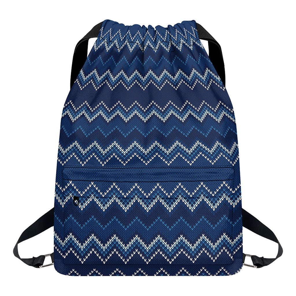 Blue Chevron Knitted Pattern Print Drawstring Backpack