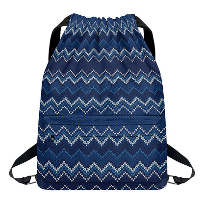 Blue Chevron Knitted Pattern Print Drawstring Backpack