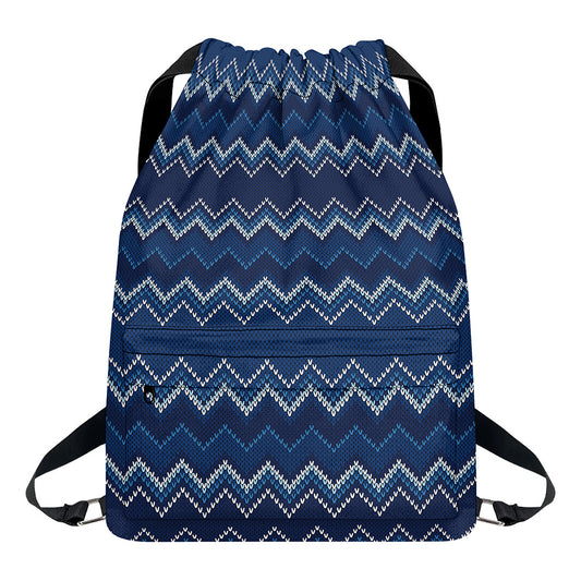 Blue Chevron Knitted Pattern Print Drawstring Backpack