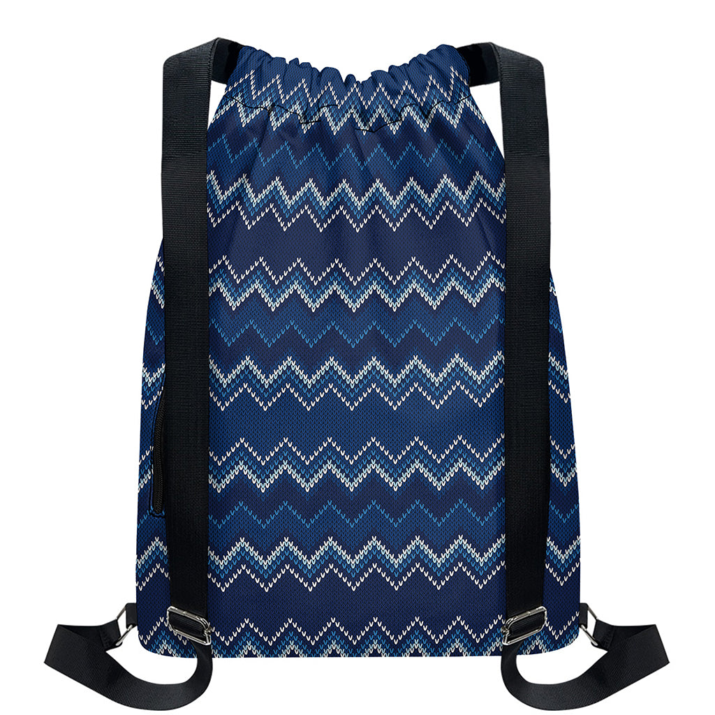 Blue Chevron Knitted Pattern Print Drawstring Backpack