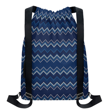 Blue Chevron Knitted Pattern Print Drawstring Backpack