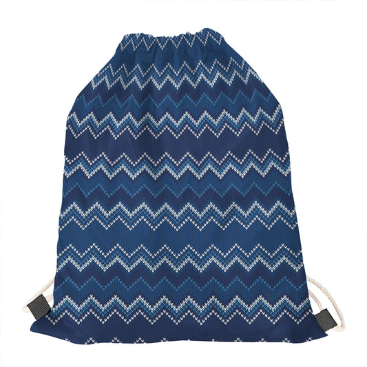 Blue Chevron Knitted Pattern Print Drawstring Bag