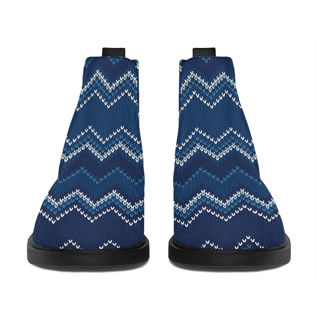 Blue Chevron Knitted Pattern Print Flat Ankle Boots