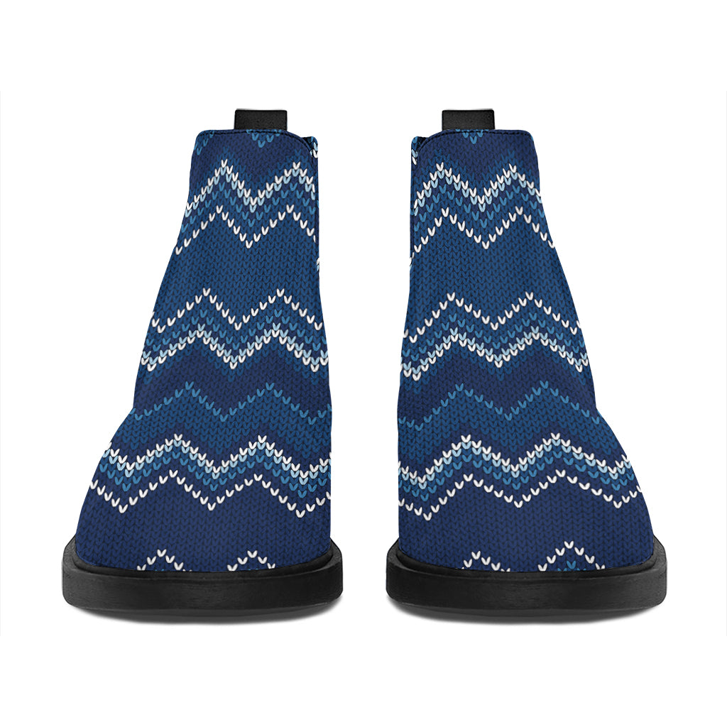 Blue Chevron Knitted Pattern Print Flat Ankle Boots