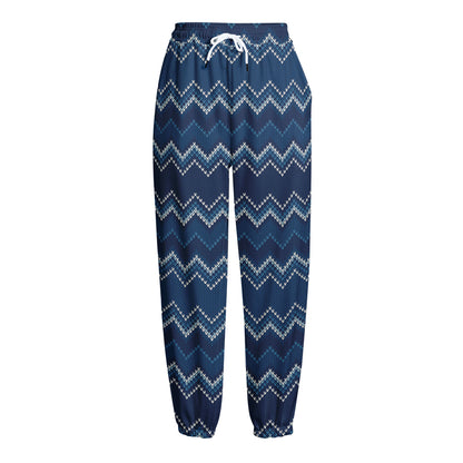 Blue Chevron Knitted Pattern Print Fleece Lined Knit Pants
