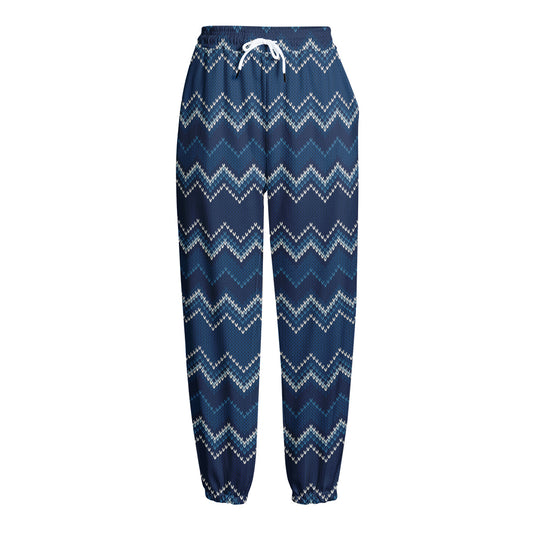 Blue Chevron Knitted Pattern Print Fleece Lined Knit Pants