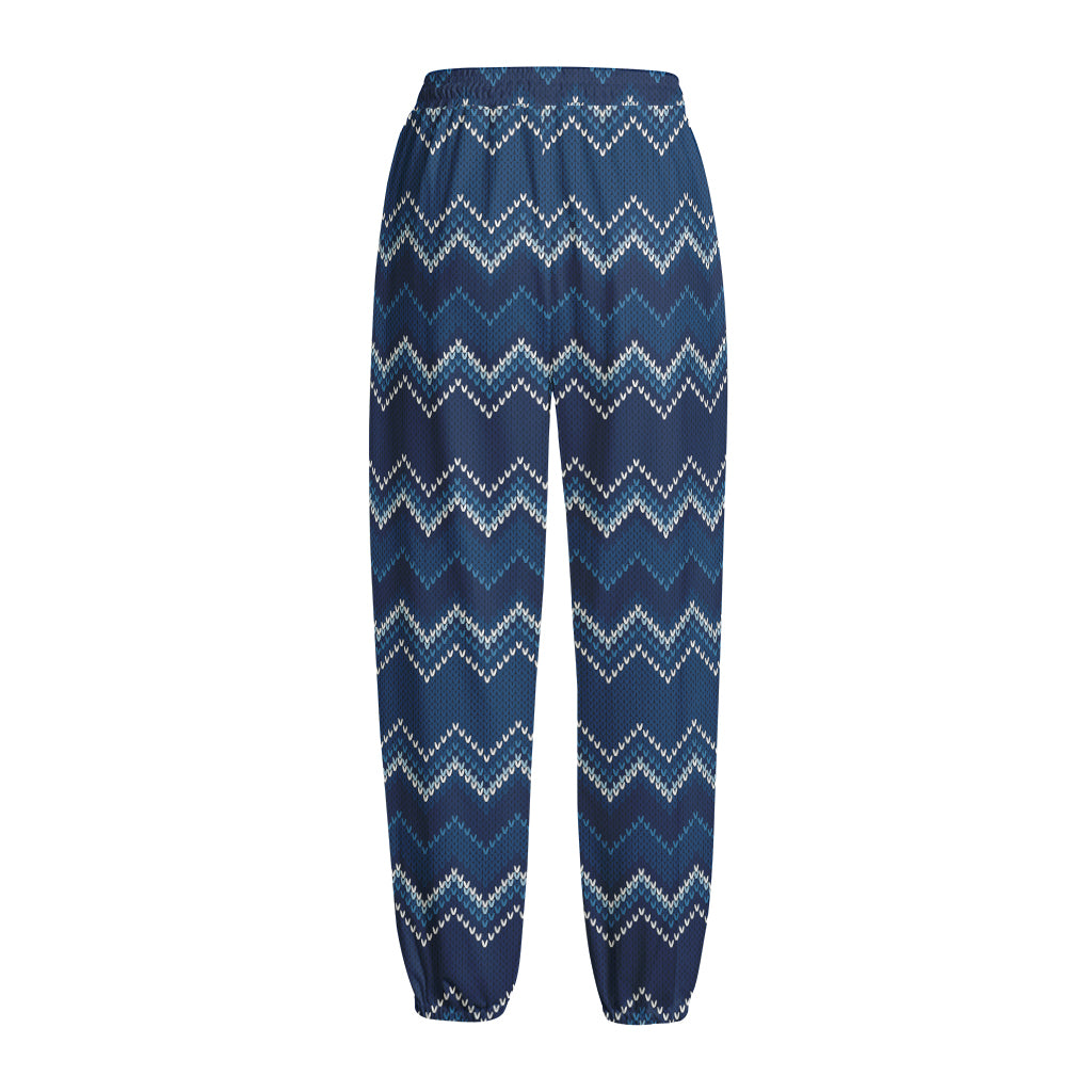 Blue Chevron Knitted Pattern Print Fleece Lined Knit Pants