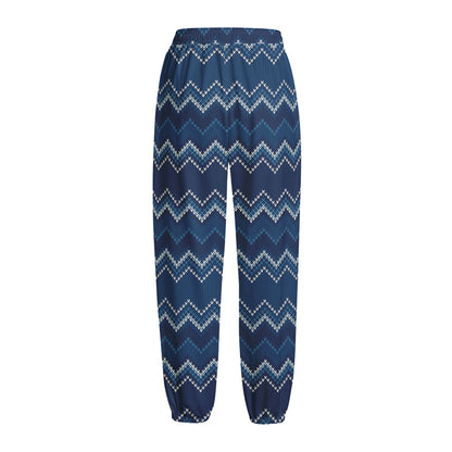 Blue Chevron Knitted Pattern Print Fleece Lined Knit Pants