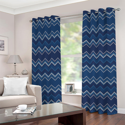 Blue Chevron Knitted Pattern Print Grommet Curtains