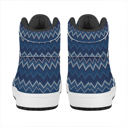 Blue Chevron Knitted Pattern Print High Top Leather Sneakers