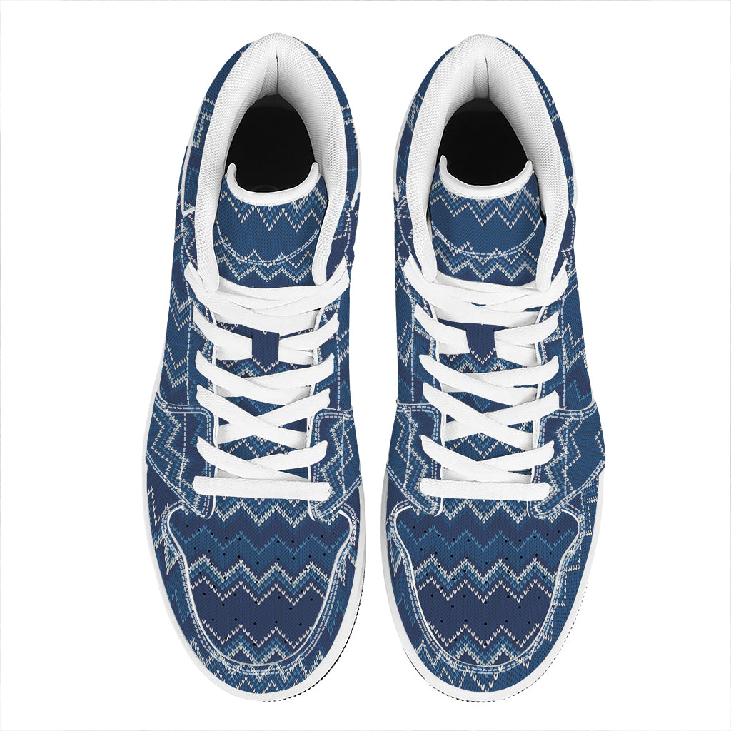 Blue Chevron Knitted Pattern Print High Top Leather Sneakers