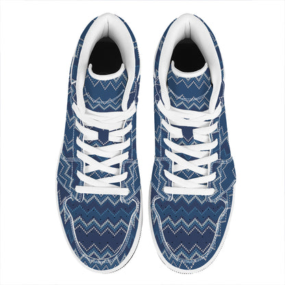 Blue Chevron Knitted Pattern Print High Top Leather Sneakers