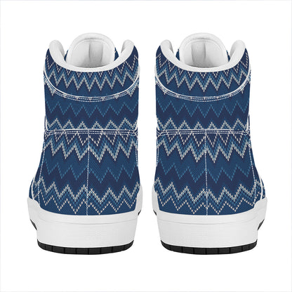 Blue Chevron Knitted Pattern Print High Top Leather Sneakers