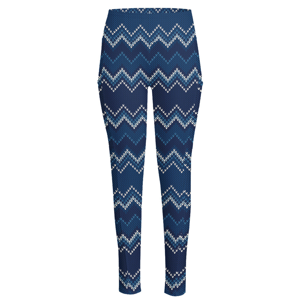 Blue Chevron Knitted Pattern Print High-Waisted Pocket Leggings