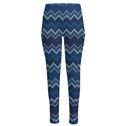 Blue Chevron Knitted Pattern Print High-Waisted Pocket Leggings