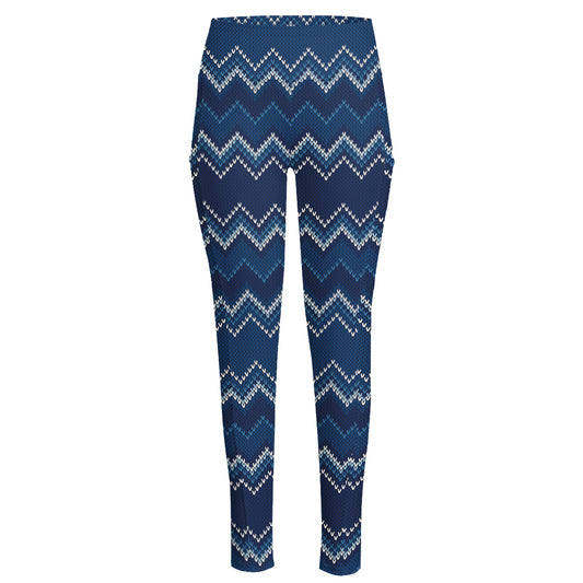 Blue Chevron Knitted Pattern Print High-Waisted Pocket Leggings