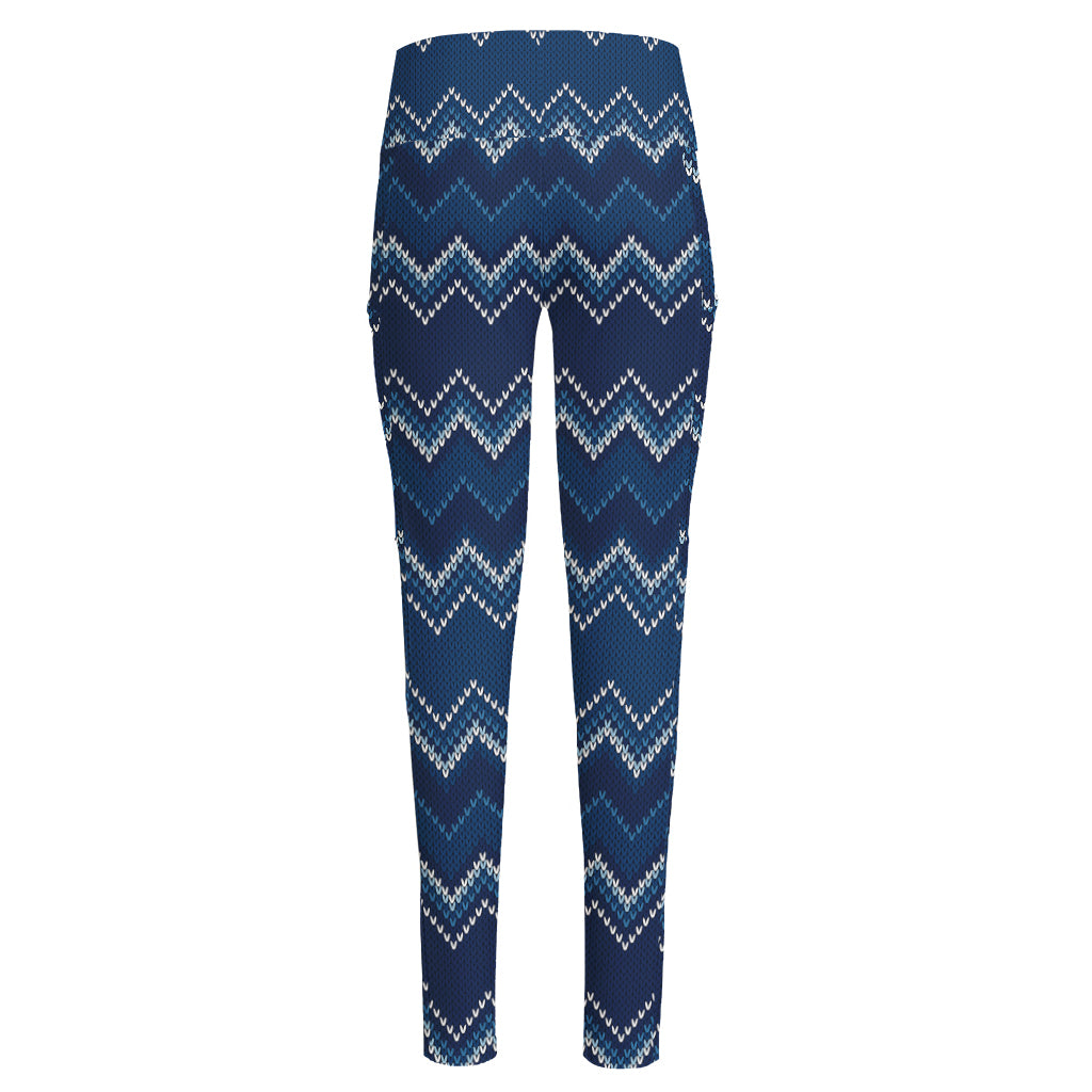 Blue Chevron Knitted Pattern Print High-Waisted Pocket Leggings