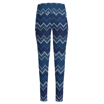 Blue Chevron Knitted Pattern Print High-Waisted Pocket Leggings