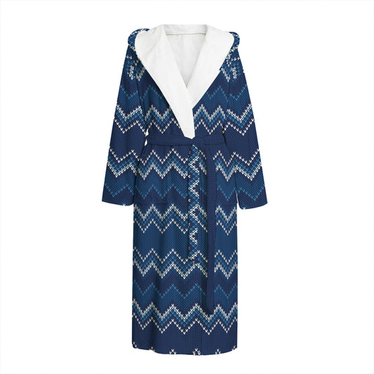 Blue Chevron Knitted Pattern Print Hooded Bathrobe
