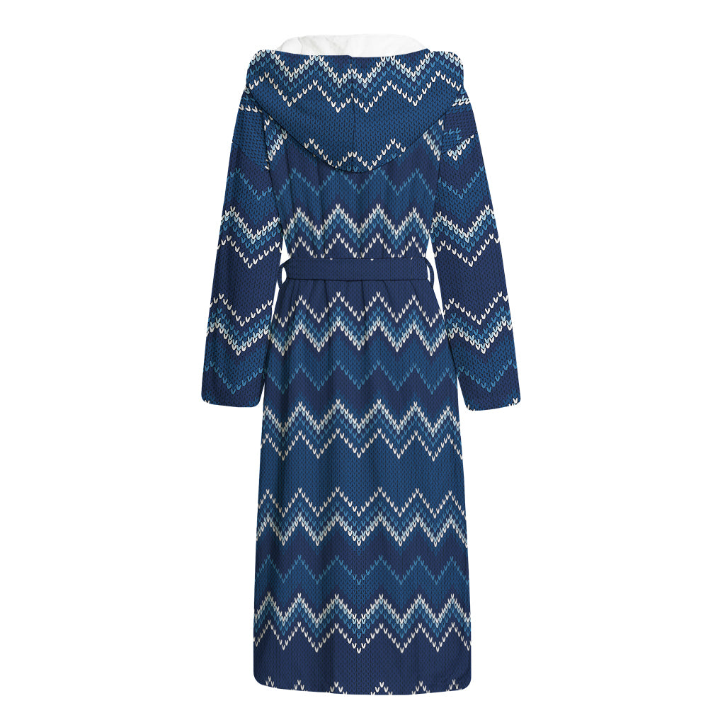 Blue Chevron Knitted Pattern Print Hooded Bathrobe