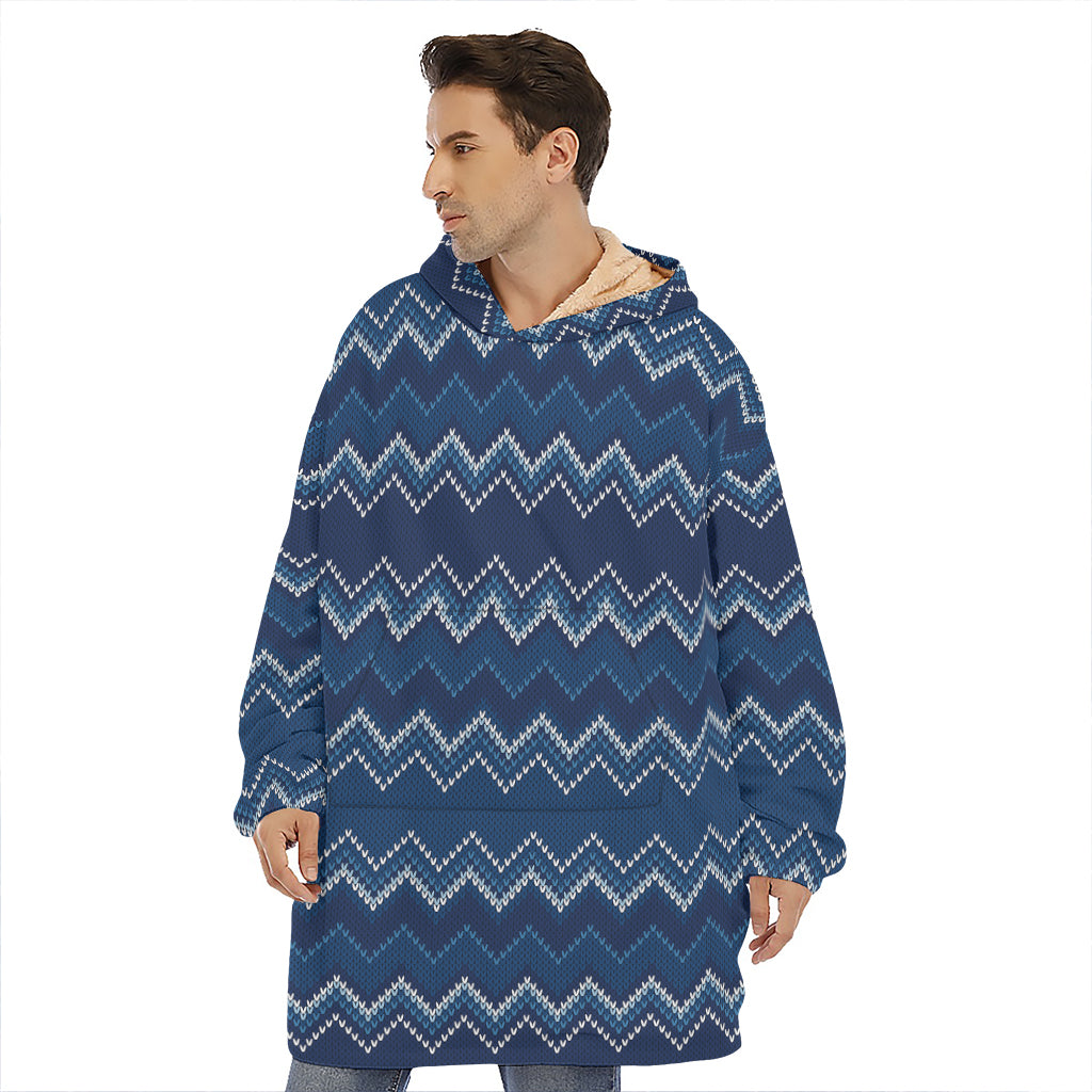 Blue Chevron Knitted Pattern Print Hoodie Blanket