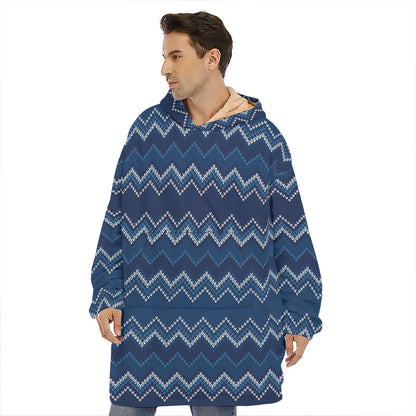 Blue Chevron Knitted Pattern Print Hoodie Blanket