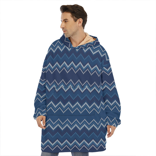 Blue Chevron Knitted Pattern Print Hoodie Blanket
