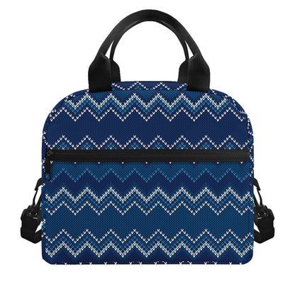 Blue Chevron Knitted Pattern Print Insulated Lunch Bag