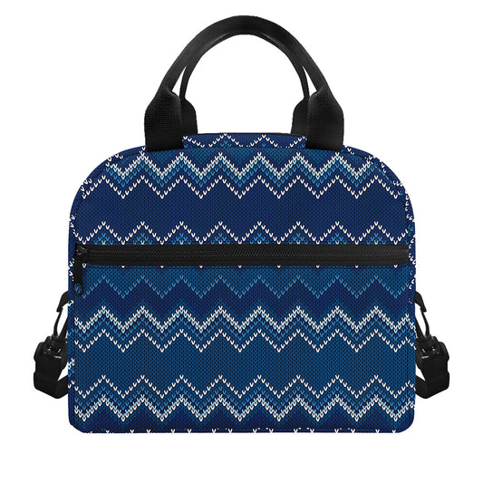 Blue Chevron Knitted Pattern Print Insulated Lunch Bag