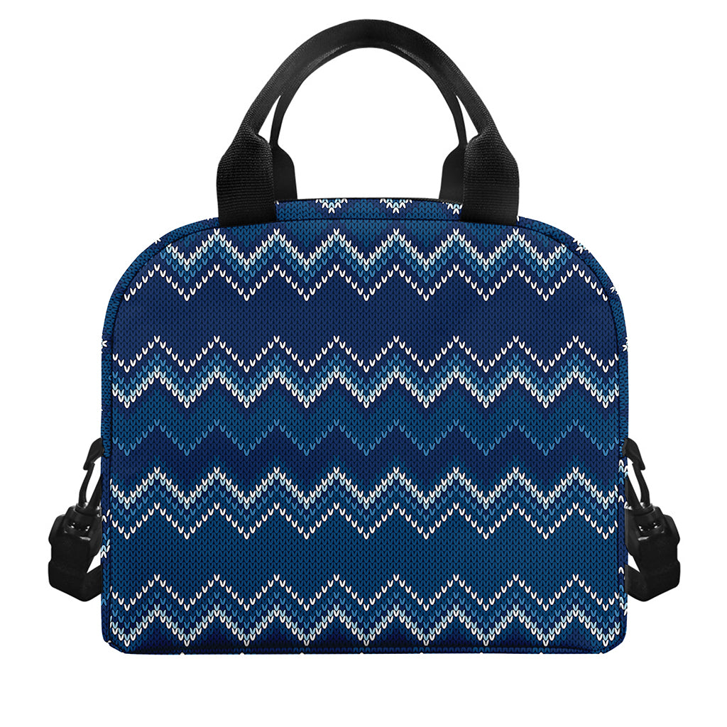Blue Chevron Knitted Pattern Print Insulated Lunch Bag