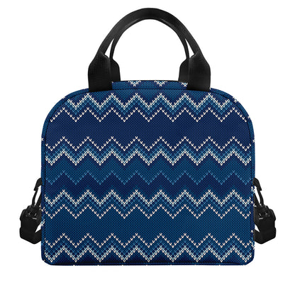 Blue Chevron Knitted Pattern Print Insulated Lunch Bag