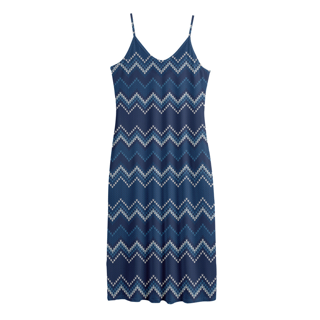 Blue Chevron Knitted Pattern Print Jersey Midi Cami Dress