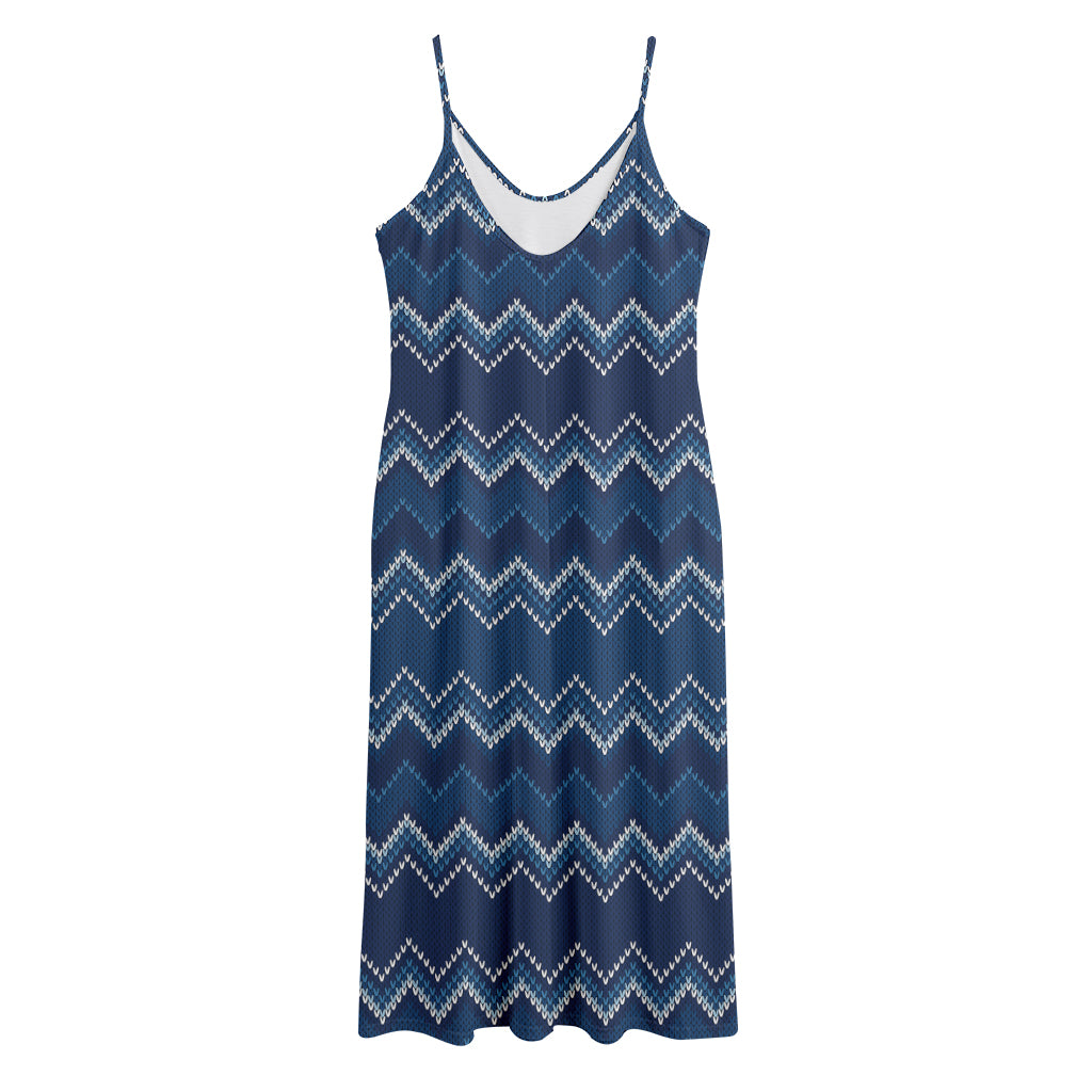 Blue Chevron Knitted Pattern Print Jersey Midi Cami Dress