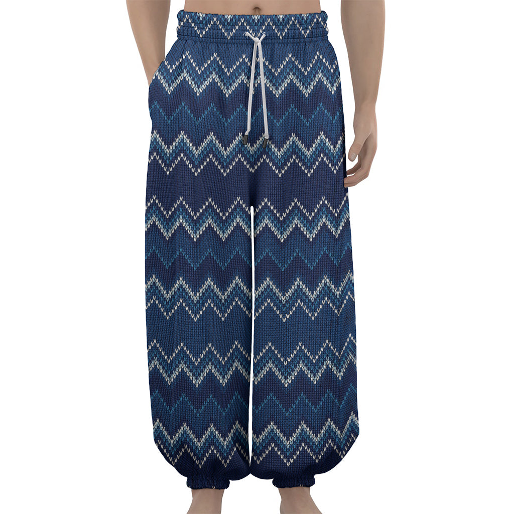 Blue Chevron Knitted Pattern Print Lantern Pants