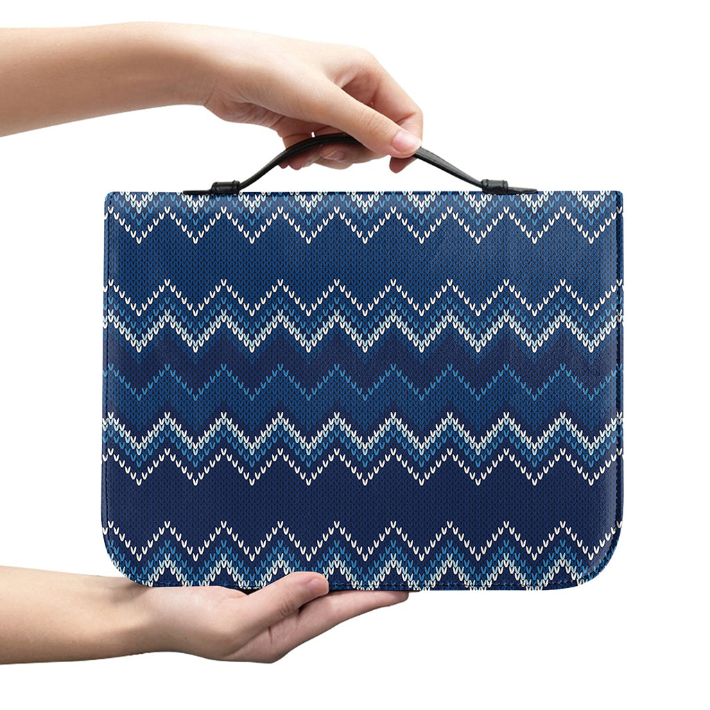 Blue Chevron Knitted Pattern Print Leather Bible Cover