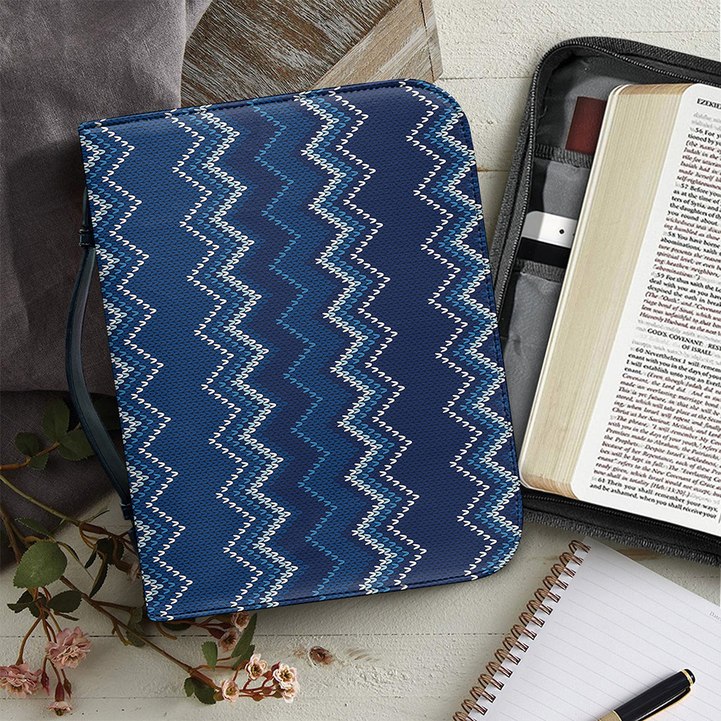 Blue Chevron Knitted Pattern Print Leather Bible Cover