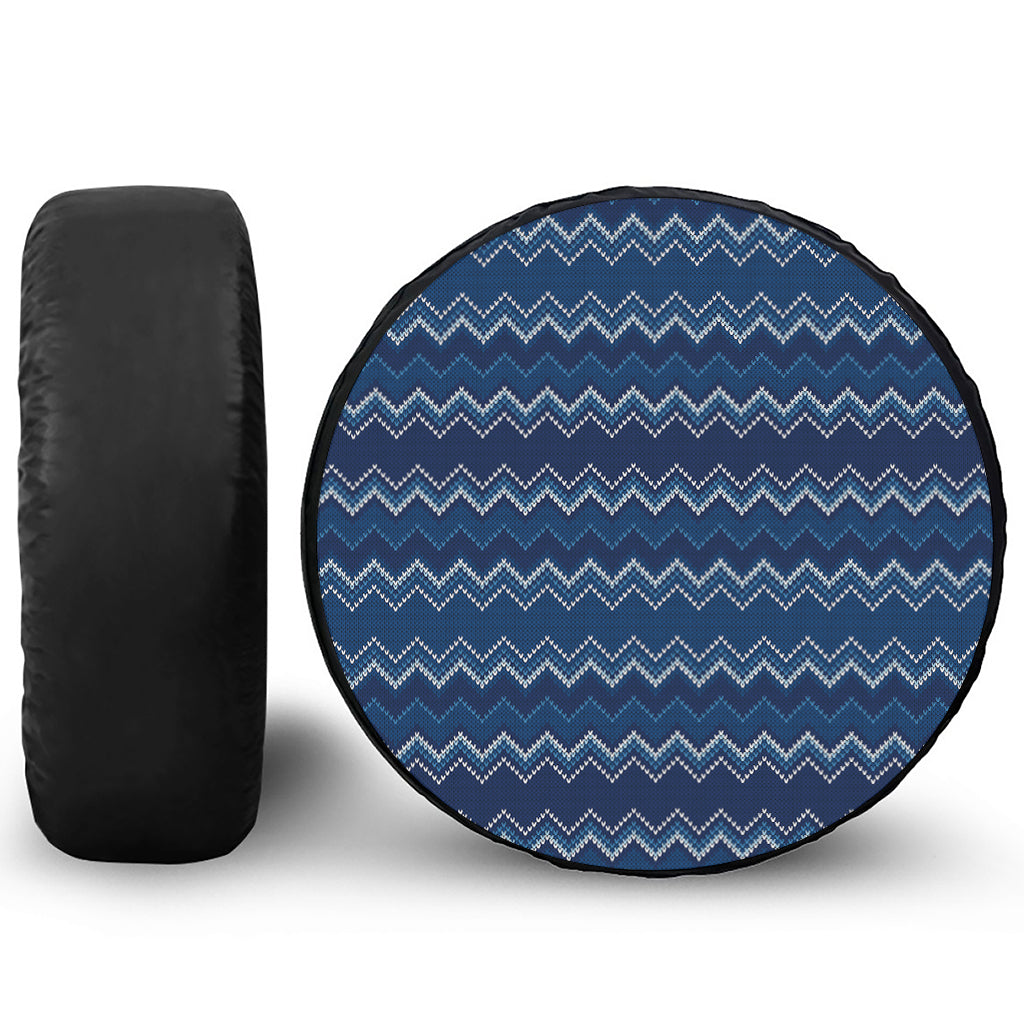 Blue Chevron Knitted Pattern Print Leather Spare Tire Cover