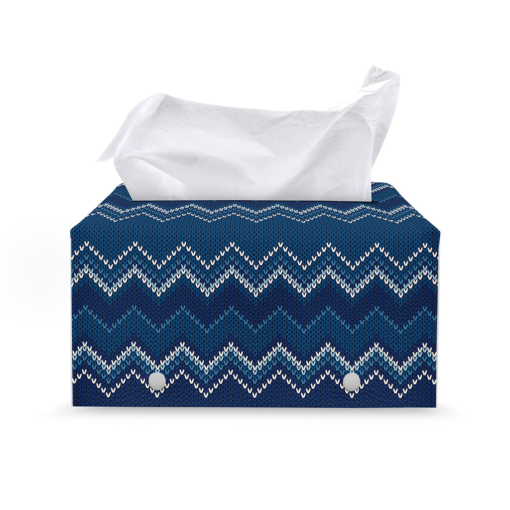 Blue Chevron Knitted Pattern Print Leather Tissue Box Cover