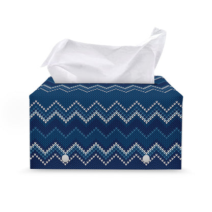 Blue Chevron Knitted Pattern Print Leather Tissue Box Cover