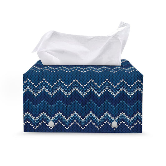 Blue Chevron Knitted Pattern Print Leather Tissue Box Cover