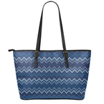 Blue Chevron Knitted Pattern Print Leather Tote Bag