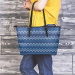 Blue Chevron Knitted Pattern Print Leather Tote Bag